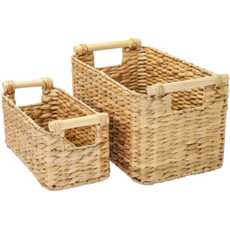 HMF Aufbewahrungskorb Badezimmer, Korb geflochten aus Wasserhyazinthe mit Holzgriffen, 2er Set