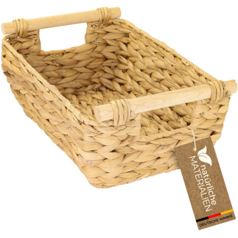 HMF Aufbewahrungskorb Badezimmer, Korb mit Holzgriffen geflochten aus Wasserhyazinthe, lang und bauchig, 32 x 22 x 12 cm