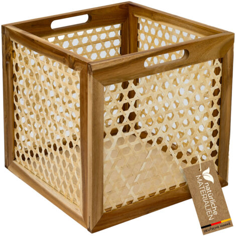 HMF Aufbewahrungskorb für Kallax Regale, Korb aus Rattan mit Wiener Geflecht und Akazienholz, Muster 2, 32x34x32 cm