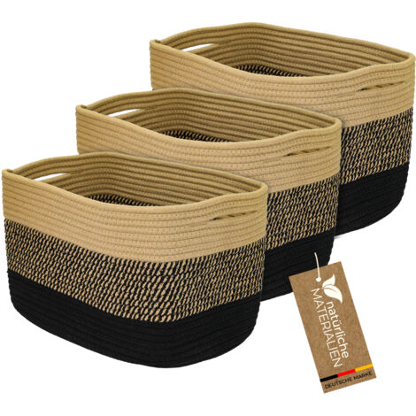HMF Aufbewahrungskorb mit versteckten Griffen, 3er Set, Korb aus Baumwolle, 37,5 x 25 x 22,5 cm, Schwarz-Honig