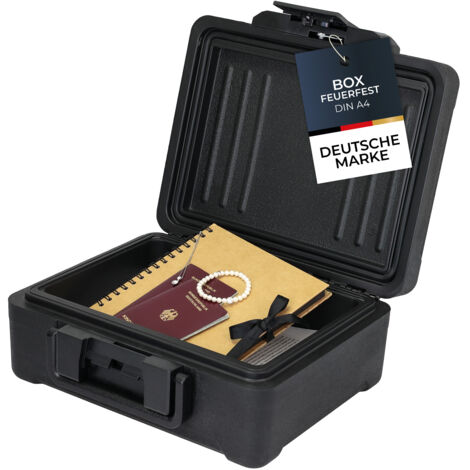 HMF Feuerfeste Dokumentenbox DIN A4, wasserdichte Geldkassette abschließbar, 36,5 x 32 x 15,5 cm, Schwarz
