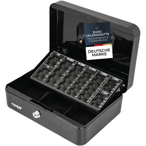 HMF Geldkassette abschließbar, Kasse mit Euro Münzzählbrett, 3 Banknotenfächer, 25 x 18 x 9 cm, Schwarz