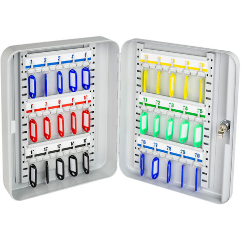 HMF Schlüsselkasten groß aus Stahl, abschließbarer Schlüsselschrank für Flur, Arbeitszimmer oder Garage, 30 Schlüsselhaken, 30 x 24 x 7,5 cm, Lichtgrau