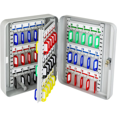 HMF Schlüsselkasten groß aus Stahl, abschließbarer Schlüsselschrank für Flur, Arbeitszimmer oder Garage, 60 Schlüsselhaken, 30 x 24 x 7,5 cm, Lichtgrau