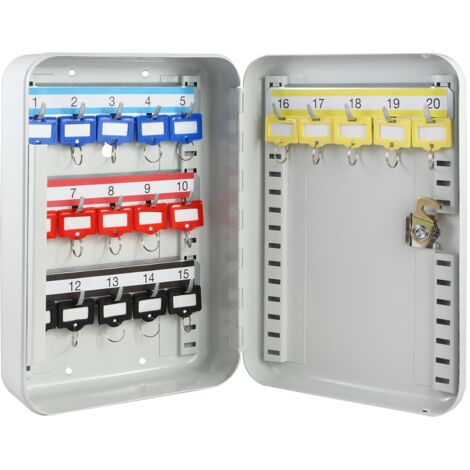 HMF Schlüsselkasten klein aus Stahl, abschließbarer Schlüsselschrank für Flur, Arbeitszimmer oder Garage, 20 Schlüsselhaken, 25 x 20 x 7,5 cm, Lichtgrau