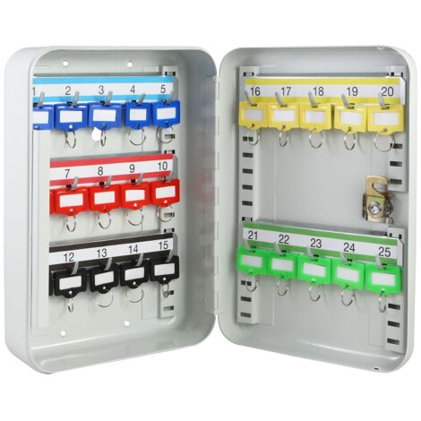 HMF Schlüsselkasten klein aus Stahl, abschließbarer Schlüsselschrank für Flur, Arbeitszimmer oder Garage, 25 Schlüsselhaken, 25 x 20 x 7,5 cm, Lichtgrau