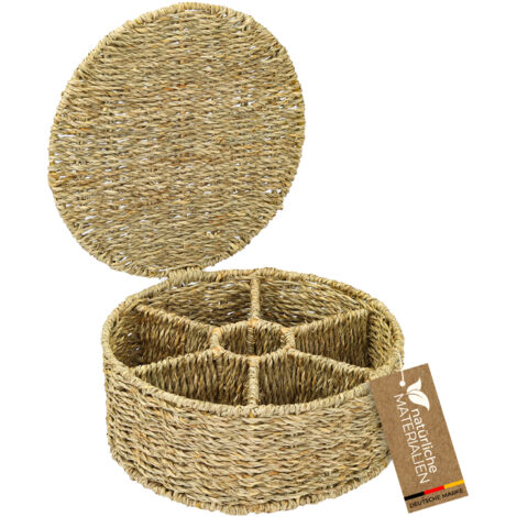 HMF Teebox für Teebeutel geflochten aus Seegras, Tee Aufbewahrungsbox mit 7 großen Fächern, 27 x 27 x 11 cm