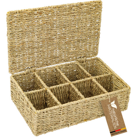 HMF Teebox für Teebeutel geflochten aus Seegras, Tee Aufbewahrungsbox mit 8 großen Fächern, 32 x 21 x 10 cm