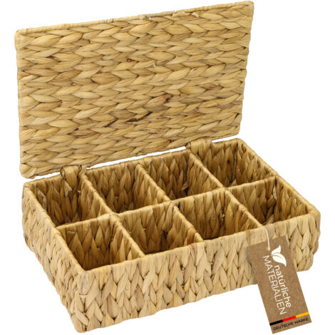 HMF Teebox für Teebeutel geflochten aus Wasserhyazinthe, Tee Aufbewahrungsbox mit 8 großen Fächern, 33 x 21 x 10 cm