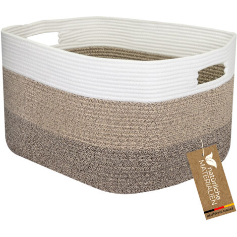 HMF XXL Wäschekorb aus Baumwolle, eckiger Aufbewahrungskorb mit Griffen, 55 x 43 x 30 cm, Weiß-Braun