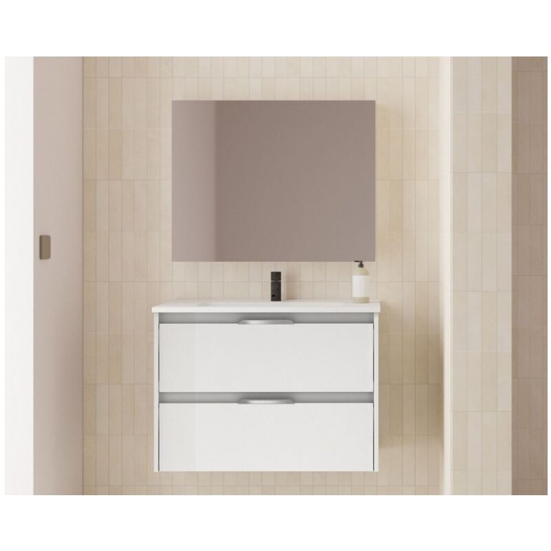 Hänge Badmöbel 80 cm Minnesota glänzend Weiß mit Waschtisch | weiß - 80 cm - mit spiegel und LED Lampe