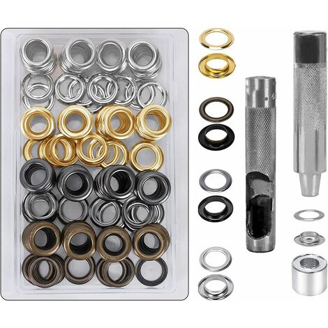 HO2NLE 100 Ensembles Oeillets 14mm Kit de Grommets Eyelets Outils Metal Grommet Kit Oeillet avec Outils Oeillet pour Toile Bâche Tente de Réparation Bronze Argent Or Noir