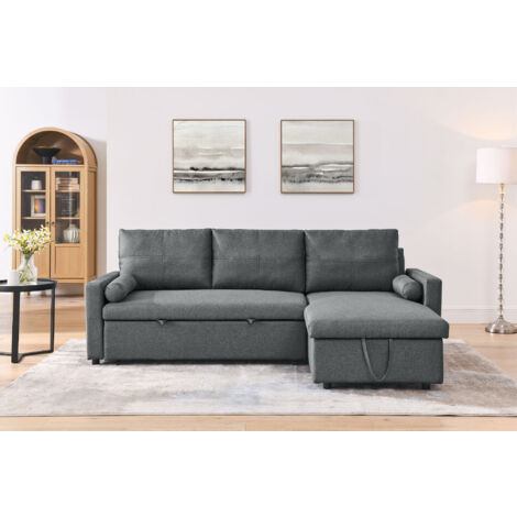 Hobag – Canapé d'angle réversible convertible avec coffre – 4 places – Dimensions L225xH85xP145 cm – Tissu gris contemporain