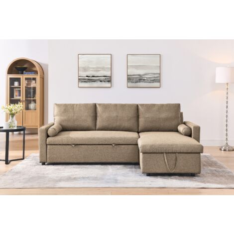 Hobag – Canapé d'angle réversible convertible avec coffre – 4 places – tissu taupe – dimensions L225 x P145 cm – style contemporain