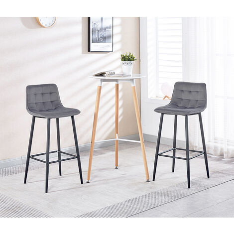 Hobag – Lot de 2 tabourets de bar en velours gris clair – Hauteur d'assise 70 cm – Pieds en métal – Diamètre d'assise 42 cm