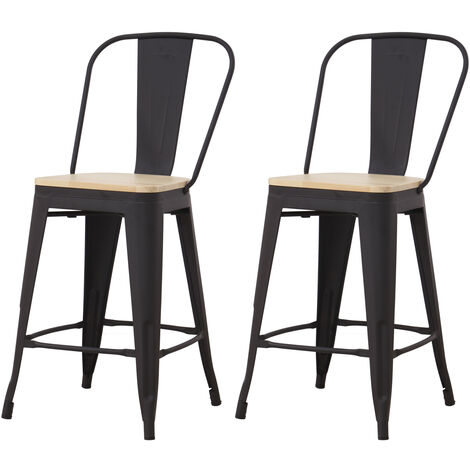 Hobag – Lot de 2 tabourets de bar industriel – assise en bois naturel – hauteur assise 64,5 cm – métal noir – dossier ergonomique