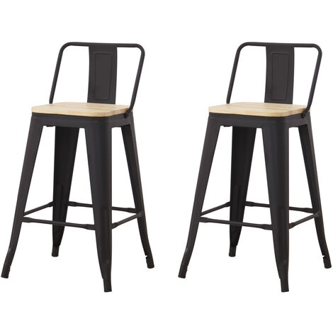 Hobag – Lot de 2 tabourets de bar industriel – Assise en bois naturel 63,5 cm – Dossier et repose-pied – Métal noir pour intérieur moderne
