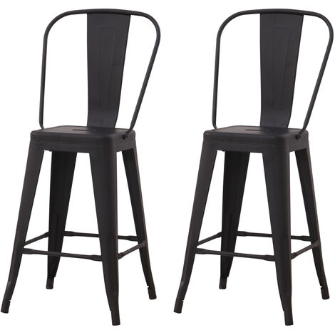 Hobag – Lot de 2 tabourets de bar industriel avec dossier – Hauteur assise 63 cm – Métal noir – Repose-pied pour confort optimal