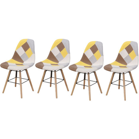 Hobag – Lot de 4 chaises scandinaves patchwork jaune – Pieds en bois – Largeur d'assise 46 cm – Hauteur d'assise 45 cm – Pour salon ou cuisine