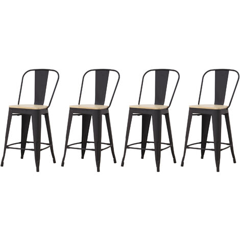 Hobag – Lot de 4 tabourets de bar en métal noir – Assise en bois naturel – Hauteur d'assise 64,5 cm – Style industriel avec dossier