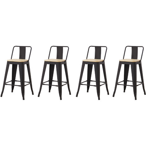 Hobag – Lot de 4 tabourets de bar industriel avec dossier – Assise en bois naturel – Hauteur 63,5 cm – Métal noir – Pour ambiances industrielles