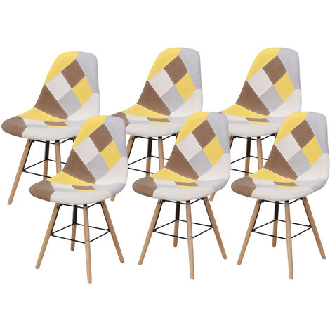Hobag – Lot de 6 chaises scandinaves patchwork jaune – Pieds en bois – Largeur d'assise 46 cm – Hauteur d'assise 45 cm – Pour intérieur moderne