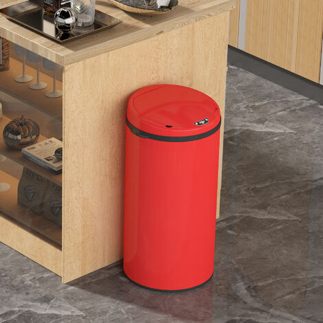 Hobag – Poubelle automatique 42 L en acier inoxydable rouge – Ouverture à capteur – Bague anti-glisse pour stabilité – Compatible sacs standards