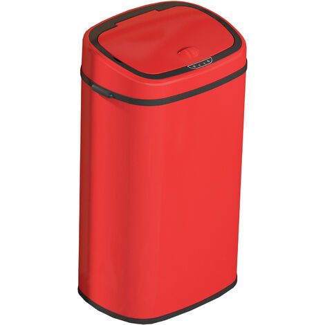 Hobag – Poubelle automatique 58L en acier rouge – Système d'ouverture à capteur – Fermeture automatique après 5s – Bague de serrage pour sac-poubelle