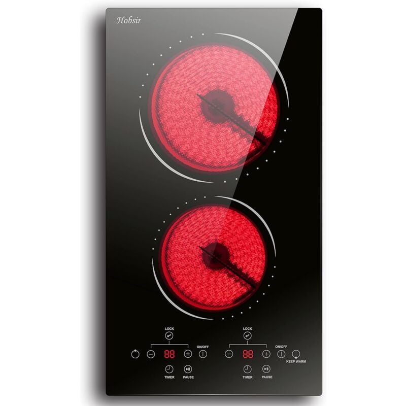 Hobsir - Plaque de Cuisson Vitrocéramique avec Prise, 30cm, 3000W, Commande Tactile, double zone, 9 Niveaux de Chauffage, Verrouillage de Sécurité,