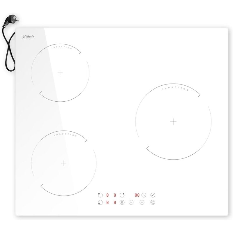 Hobsir Plaque Induction 3 Feux avec Prise, Blanc Table de Cuisson électrique 60CM, 3500W, Fonction Boost, Verrouillage de Sécurité, Commande Tactile,