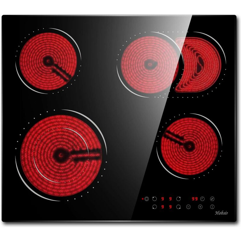 Hobsir - Plaque Vitrocéramique 4 Feux, Tables de Cuisson Vitrocéramique 6600W, Plaque de Cuisson électrique Encastrable, Réglage Flexible de la Zone