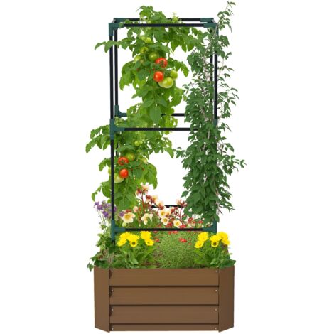 Hochbeet mit Rankgitter Pflankasten mit Rankhilfe, offener Boden, wetterbeständig, 61 cm x 61 cm x 140 cm, Braun