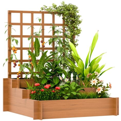 Hochbeet mit Rankhilfe, 3-stufig Blumenkasten mit Vliesstoff Tannenholz, Braun, 95 x 95 x 110 cm