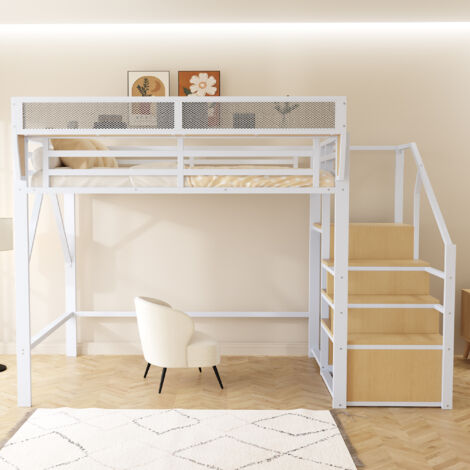 Hochbett 140 x 200 cm – mit Leiter und flexiblem Stauraum – aus Metall – weiß