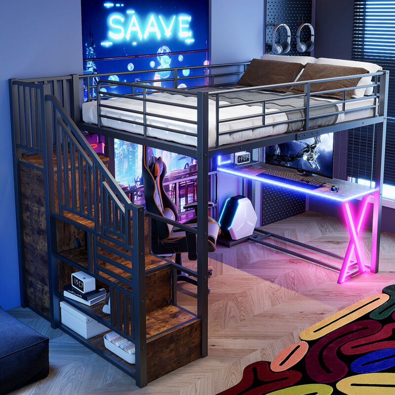 Modenvie Hochbett 140×200 Cm, Doppelbett Mit Led, Aufbewahrungsleiter, Schreibtisch, Kleiderschrank Und Regalen, Ohne Matratze, Schwarz