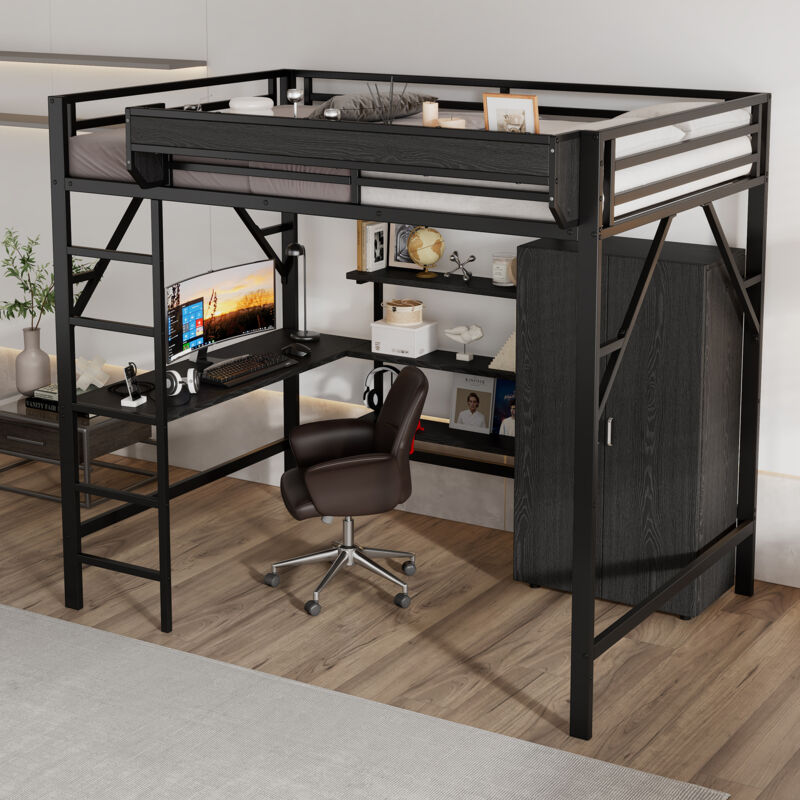 Modenvie Hochbett 140×200 Cm, Doppelbett Mit Schreibtisch, Kleiderschrank, Ablage Und Stauraum, Ohne Matratze, Aus Metall Und Mdf, Schwarz