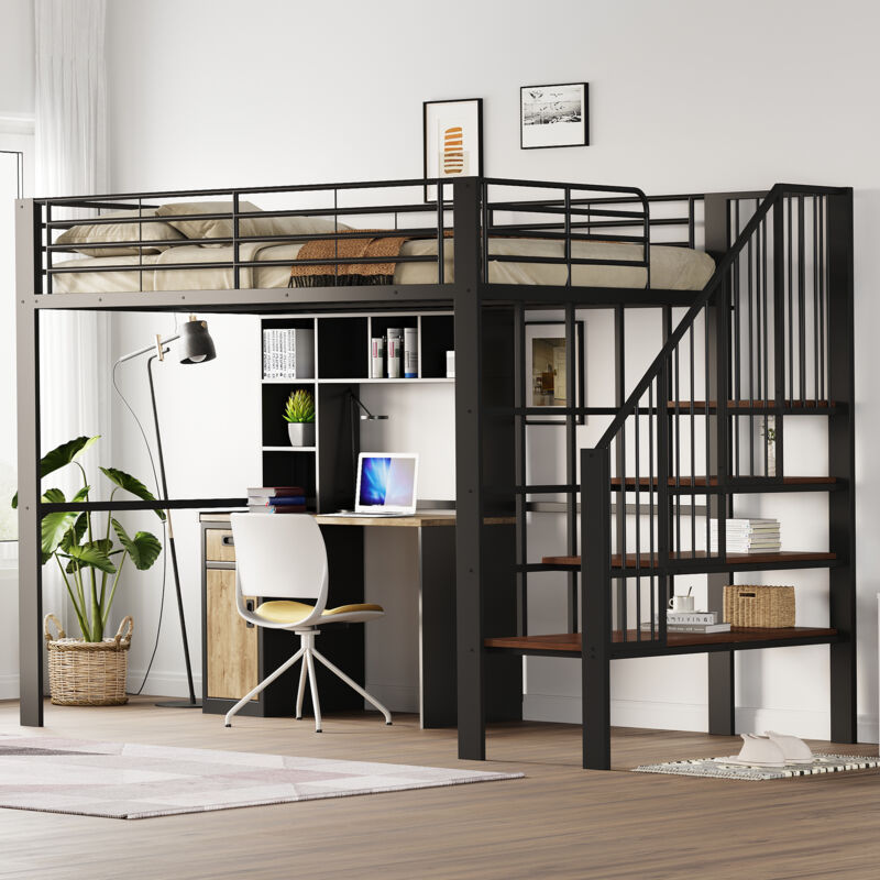 Modenvie Hochbett 140×200 Cm, Doppelbett Mit Stauraum, Treppe Und 24 Latten, Ohne Matratze, Aus Metall Schwarz