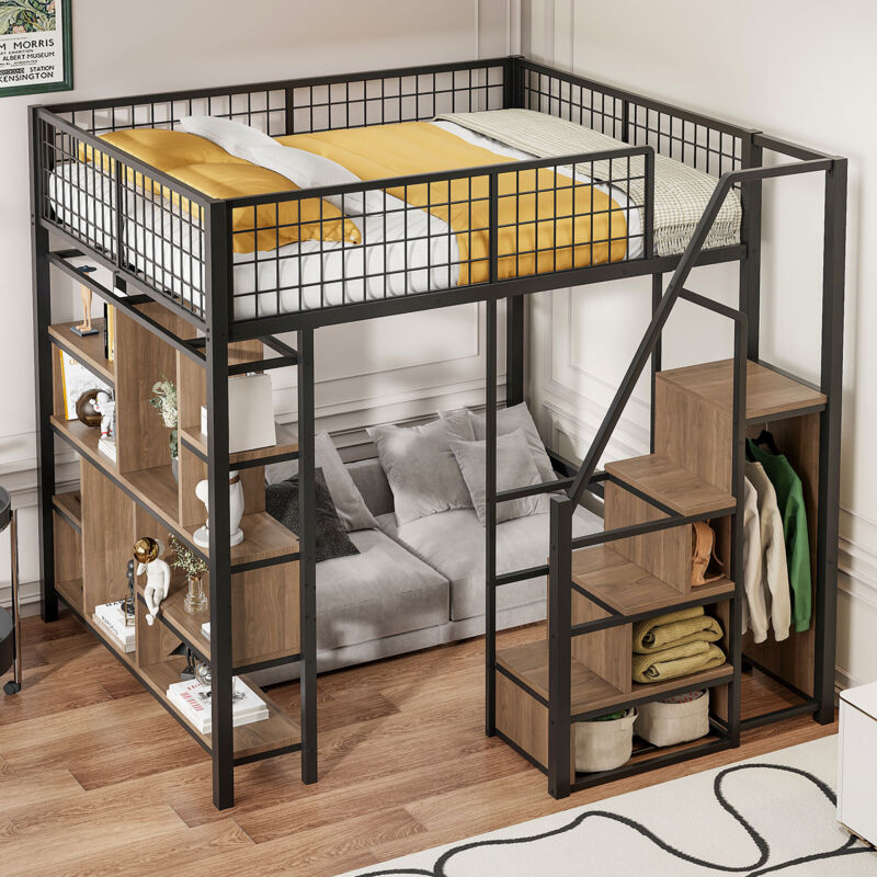 Modenvie Hochbett 140×200 Cm, Doppelbett Mit Stauraumtreppe, Regalen Und Fächern, Ohne Matratze, Metall Und Holz, Schwarz