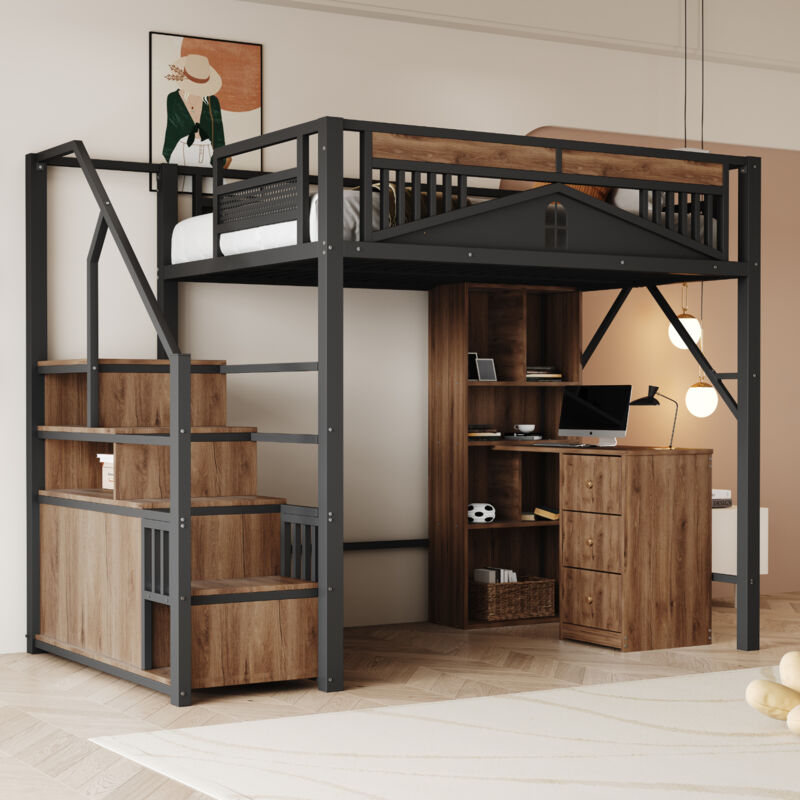 Modenvie Hochbett 140×200 Cm, Doppelbett Mit Stauraumtreppe, Schrank Und Sicherheitsgitter Mit Fenster, Ohne Matratze, Schwarz