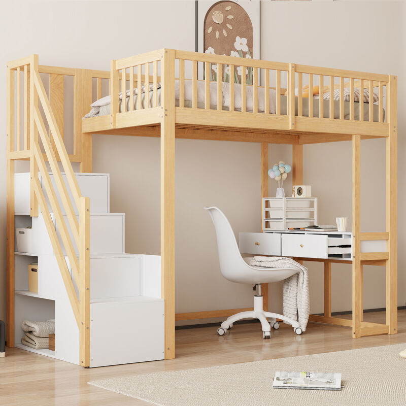Modenvie Hochbett 90×200 Cm, Einzelbett Mit Aufbewahrungstreppe, Multifunktionstisch Und Platz Unter Dem Bett, Ohne Matratze, Weiß