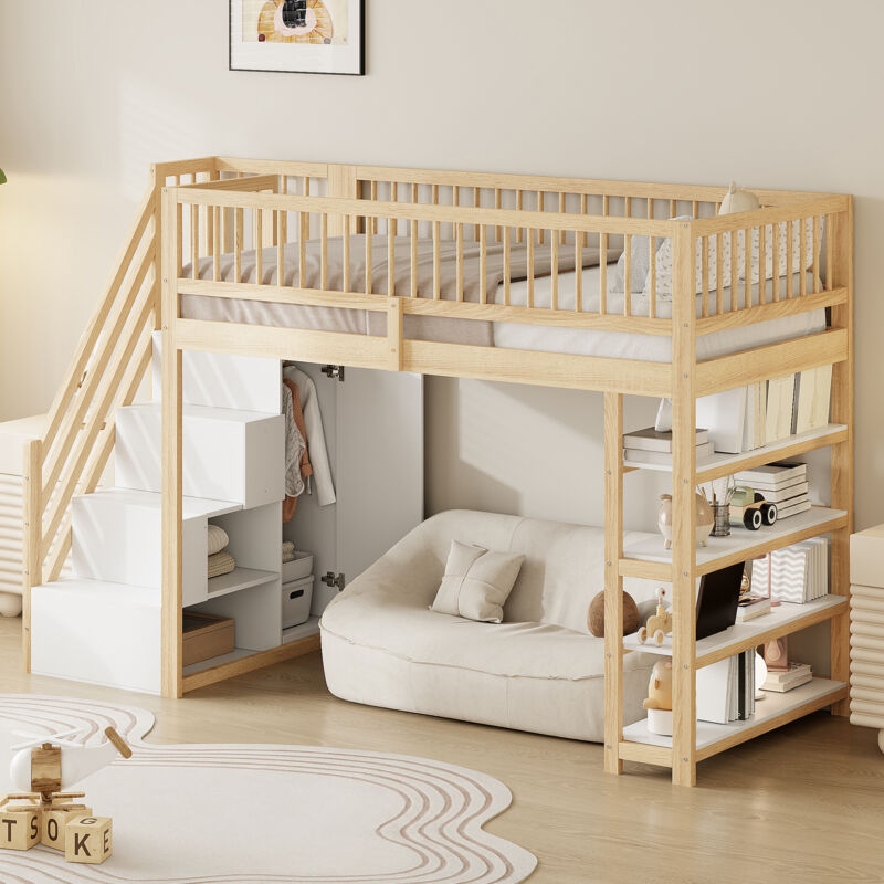 Modenvie Hochbett 90×200 Cm, Einzelbett Mit Kleiderschrank, Regalen, Stauraum Und Sicherheitsleiter, Ohne Matratze, Naturholz