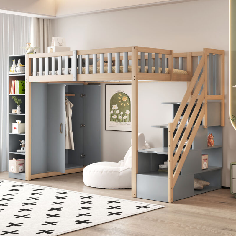 Modenvie Hochbett 90×200 Cm, Einzelbett Mit Kleiderschrank, Regalen Und Leiter Mit Stauraum, Ohne Matratze, Aus Holz, Grau