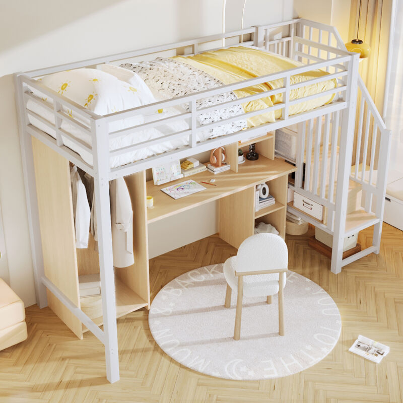 Modenvie Hochbett 90×200 Cm, Einzelbett Mit Kleiderschrank, Schreibtisch, Stauraum Und Treppe Mit Stauraum, Ohne Matratze, Metall, Weiß