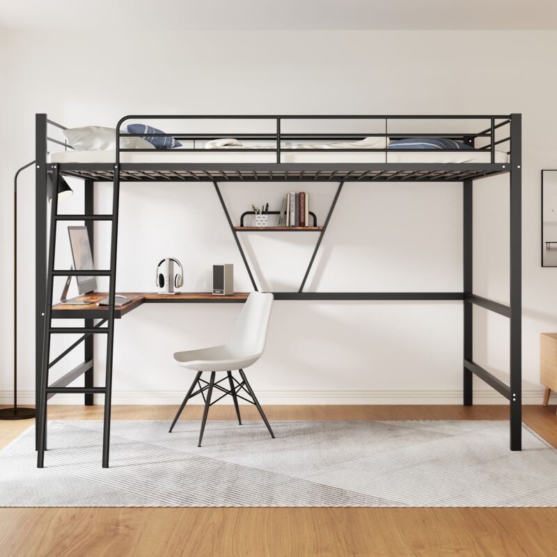 Modenvie Hochbett 90×200 Cm, Einzelbett Mit L Schreibtisch, Regalen Und Leiter, Ohne Matratze, Aus Metall Und Mdf, Schwarz