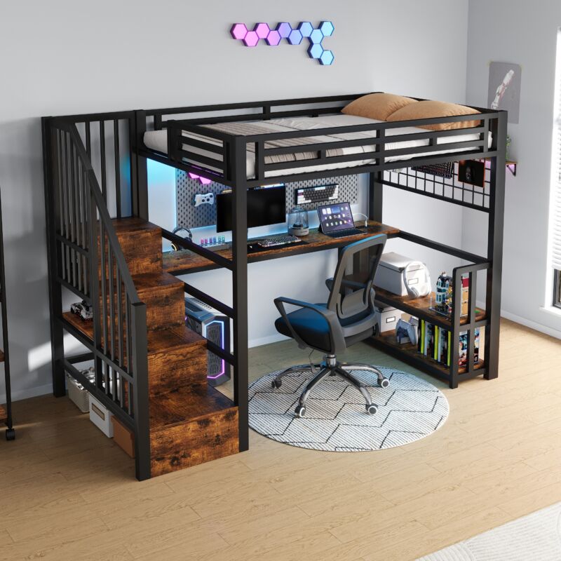 Modenvie Hochbett 90×200 Cm, Einzelbett Mit Led Verstellbar, Usb, Typ C, Regalen Und Schreibtisch, Ohne Matratze, Metall Und Mdf, Schwarz