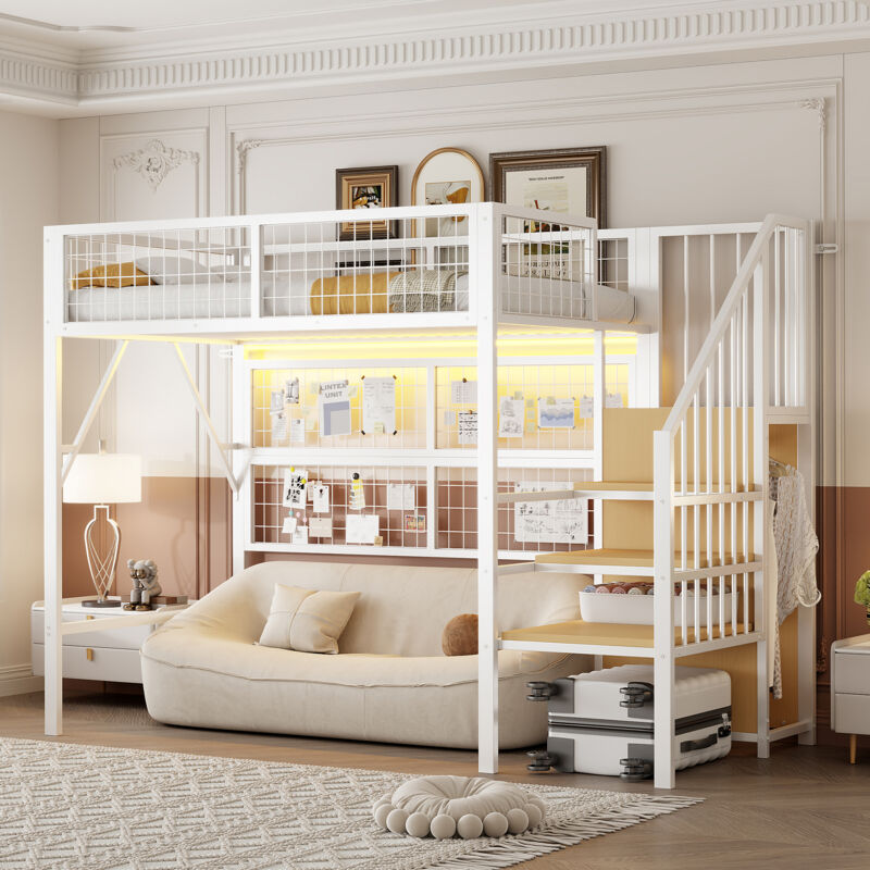 Modenvie Hochbett 90×200 Cm, Einzelbett Mit Per App Steuerbarem Led, Treppe Mit Stauraum Und Offenem Kleiderschrank, Ohne Matratze, Weiß