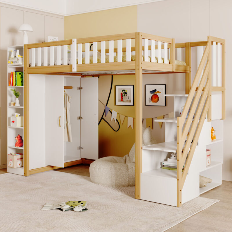 Modenvie Hochbett 90×200 Cm, Einzelbett Mit Regalen, Kleiderschrank Und Leiter Mit Schubladen, Ohne Matratze, Aus Holz, Weiß
