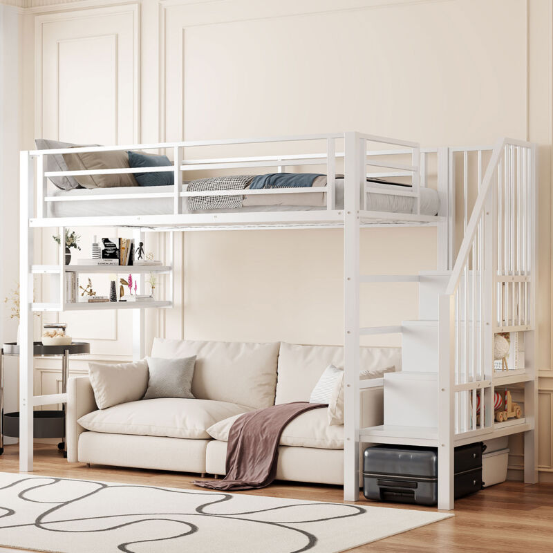 Modenvie Hochbett 90×200 Cm, Einzelbett Mit Regalen, Stauraumleiter Und Absturzsicherung, Ohne Matratze, Aus Metall, Weiß
