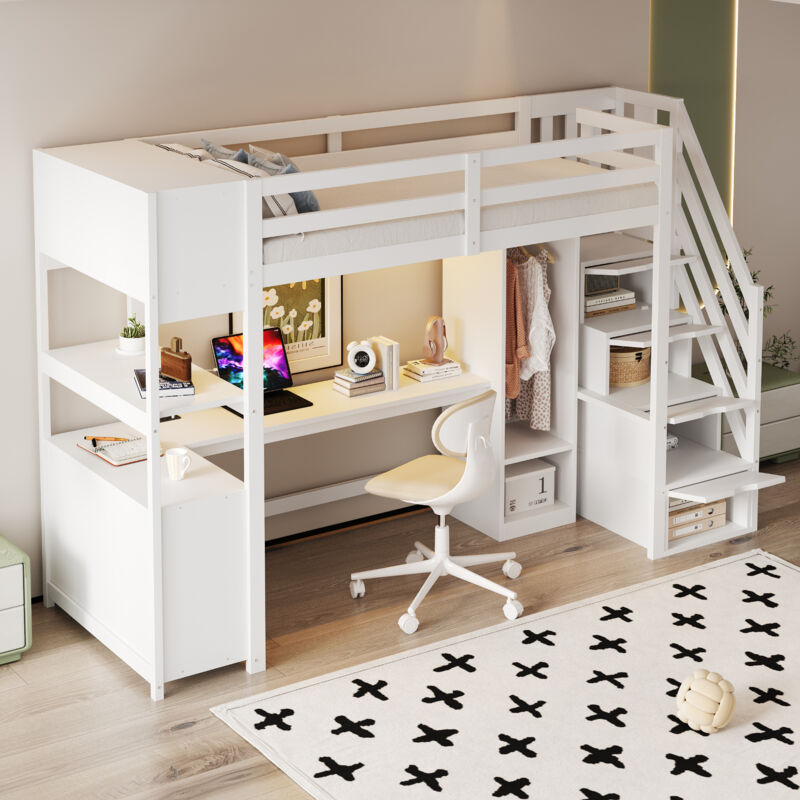 Modenvie Hochbett 90×200 Cm, Einzelbett Mit Schreibtisch, Kleiderschrank, Mehrfarbiger Led, Steckdosen Und Regalen, Ohne Matratze, Weiß