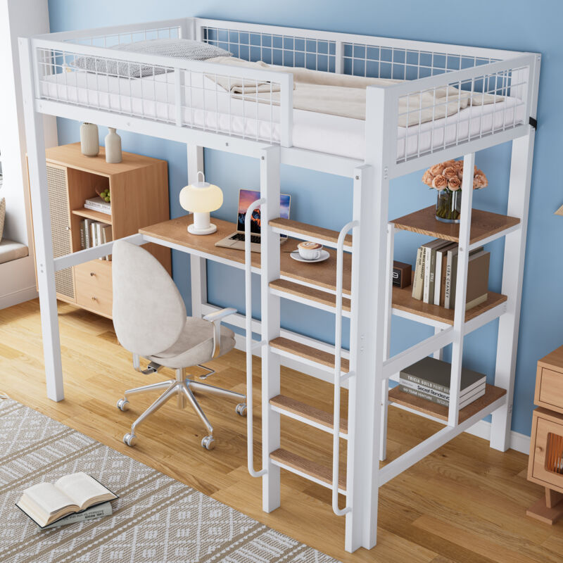 Modenvie Hochbett 90×200 Cm, Einzelbett Mit Schreibtisch, Regalen Und Leiter Mit 5 Stufen, Ohne Matratze, Aus Metall Und Holz, Weiß Und Natur